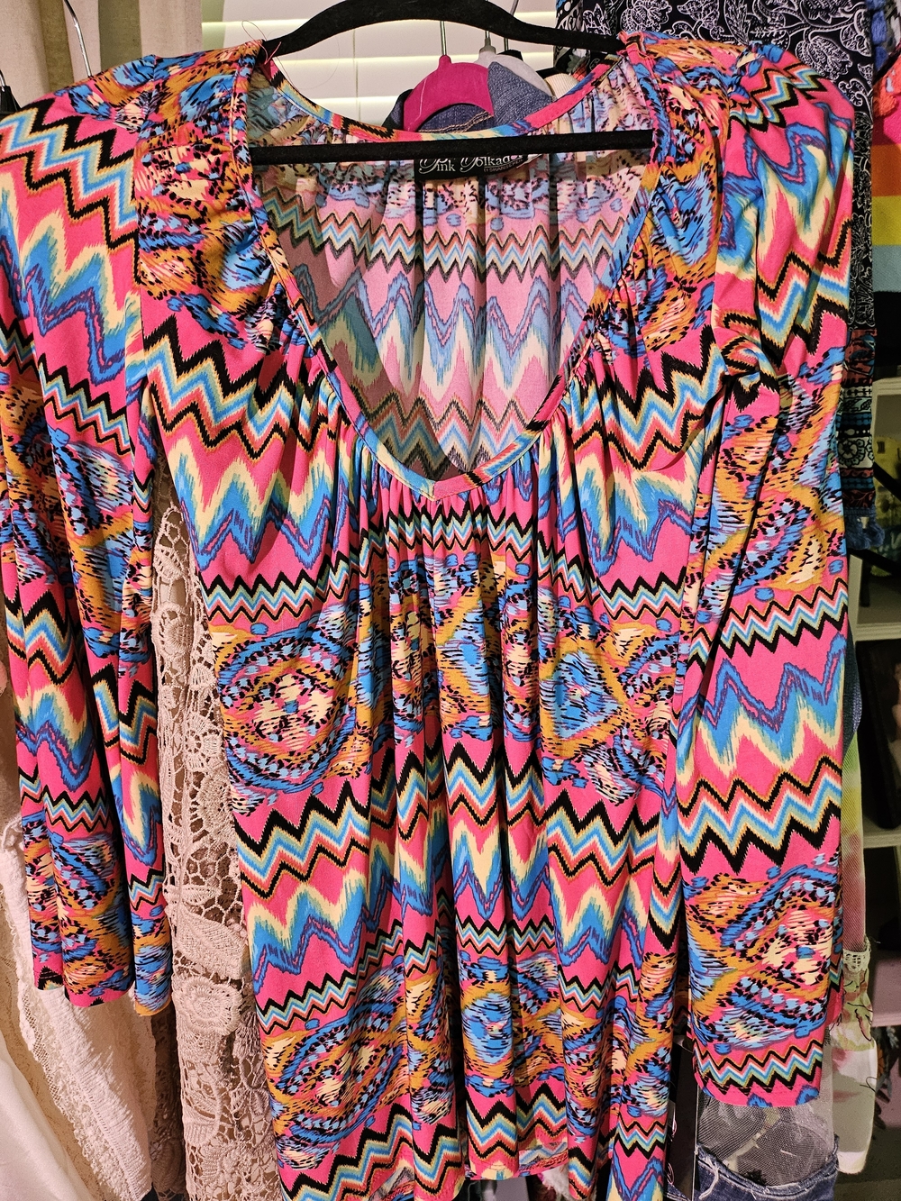 Pink Multi Chevron-Print Long Sleeve Blouse by Pink Moon